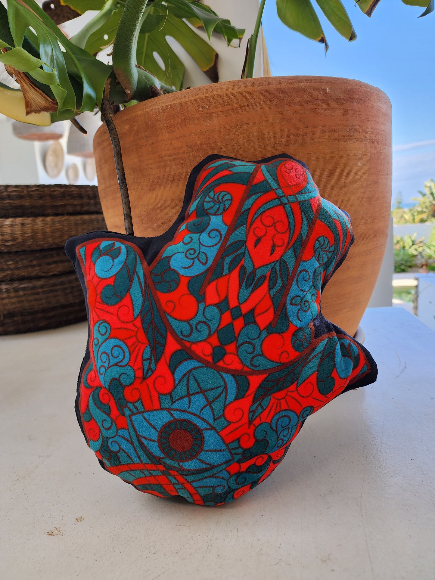 Red & Turquoise Hamsa Hand Velvet Pillow